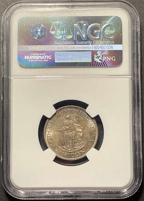 Scarcer 1933 SA Union silver shilling coin - Graded AU58 by NGC - Higher catalogue value
