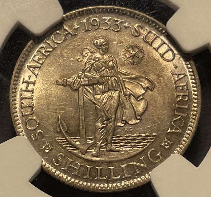 Scarcer 1933 SA Union silver shilling coin - Graded AU58 by NGC - Higher catalogue value