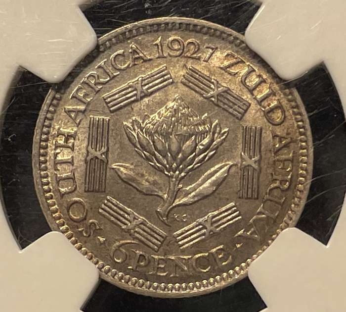 Scarce 1927 SA Union silver 6 pence coin - Graded AU58 by NGC - Higher value