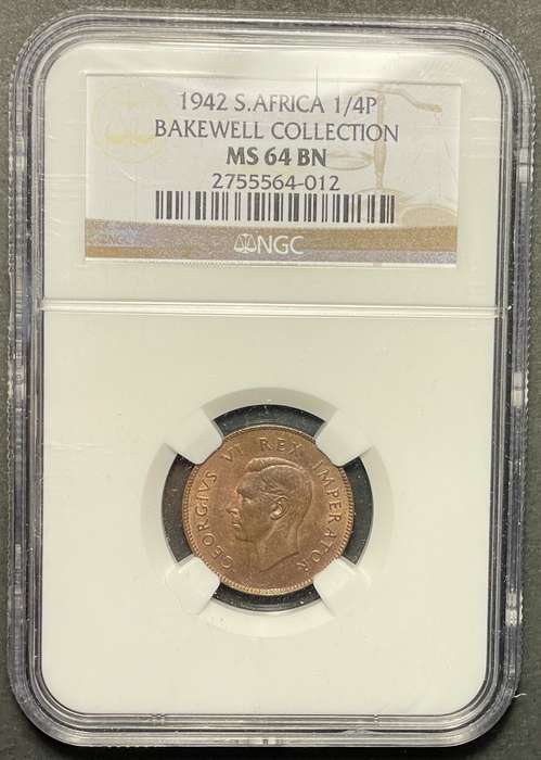 Beautiful 1942 S.A. Union 1/4 penny coin graded MS64BN by NGC - Bakewell collection