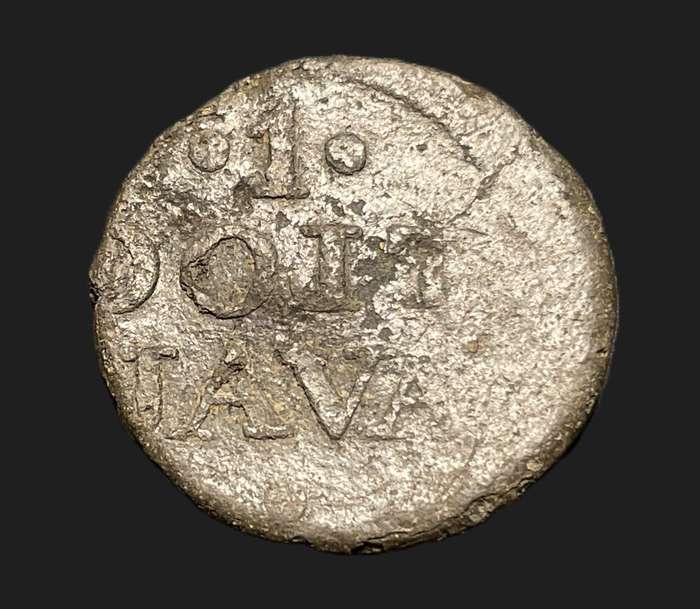 Old error 1813-1814 tin Java 1 duit coin with a noticeable "misaligned-die" error - Scarce Error