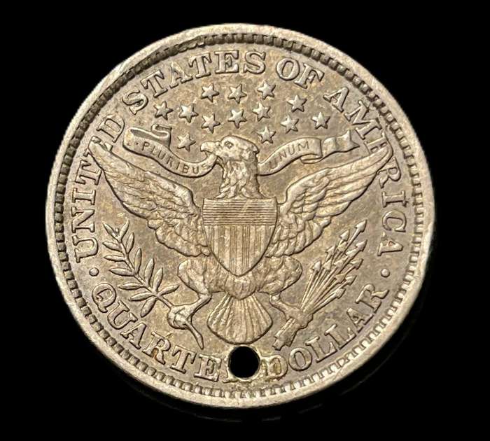 Rare Key date 1892 USA silver Barber Quarter coin in an +/- AU condition but unfortunately holed