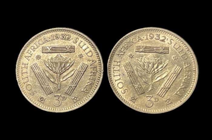 Lot of 2 +/-AU 1932 SA Union Silver 3 pence (Tickey) coins - Different "2" positions