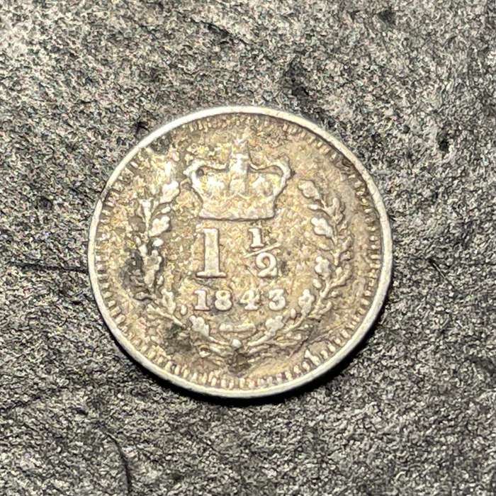 Tiny silver one-and-a-half penny coin - 1843 Queen Victoria issue.