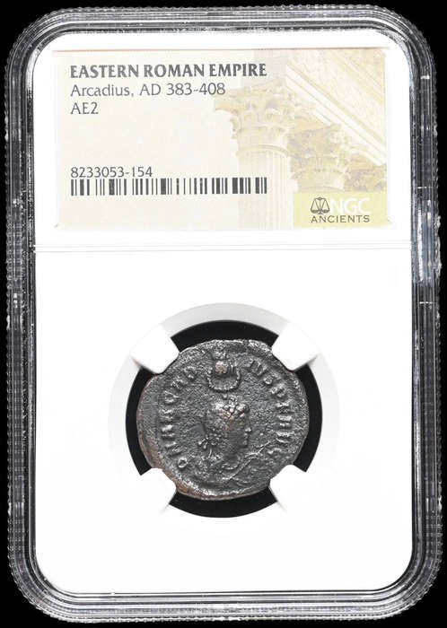 Ancient Roman Emperor Arcadius bronze coin minted between 383 and 408 AD - NGC slabbed