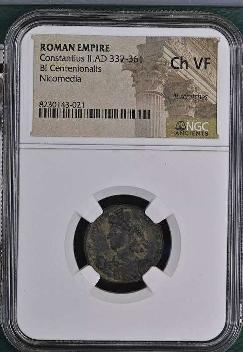 Ancient Roman Emperor Constantius II bronze coin minted between 337 and 361 AD - NGC slabbed