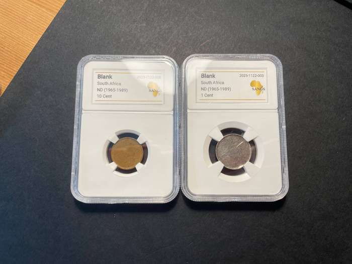 Set of two SANGS graded blank coins (1965-1989) - 10 cent & 1 cent - Please note labels are mixed up