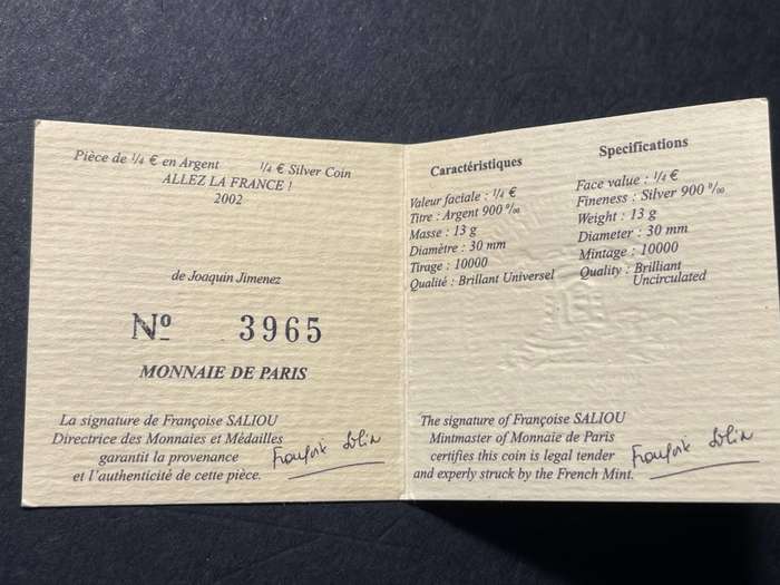 French silver 1/4 Euro coin minted in 2002 - With certificate of authenticity and original box
