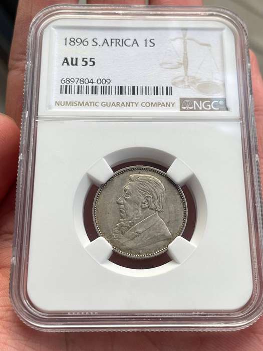ZAR Paul Kruger 1896 one shilling silver coin - NGC graded AU55