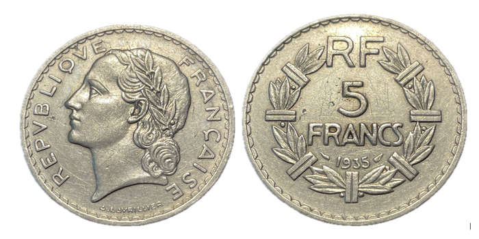 Large 1935 French 5 Francs Nickel coin
