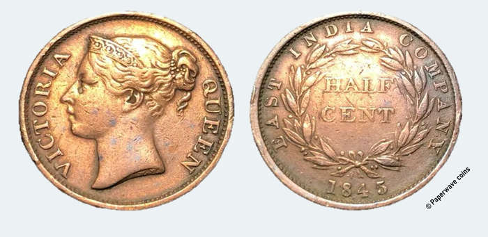 British East India Company - 1845 Bronze half cent coin - Queen Victoria
