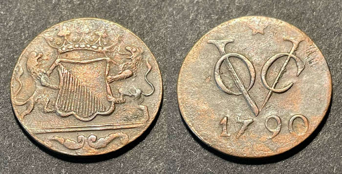 Very scarce 1790 VOC bronze 1 duit coin - Dutch East India Company issue