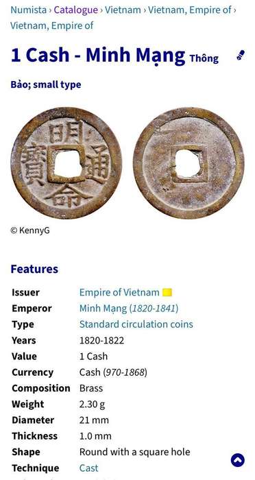 Very old Vietnamese 1 cash coin cast in brass - Minted between 1820 and 1822