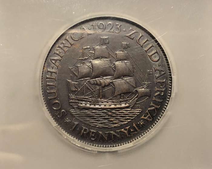 Scarce UNC 1923 SA Union 1 penny coin - SANGS Graded MS63BN