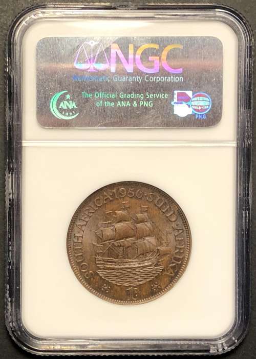 Nice 1950 SA Union 1 penny coin Graded MS63BN by NGC - Slight rainbow hue