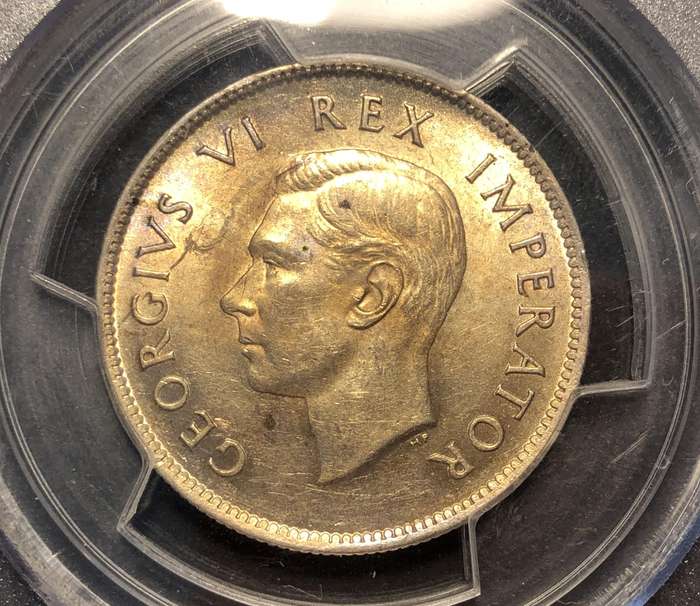 Beautifully toned UNC 1940 SA Union silver 2 shilling coin graded MS61 by PCGS