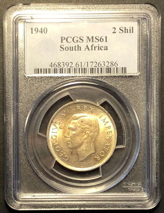 Beautifully toned UNC 1940 SA Union silver 2 shilling coin graded MS61 by PCGS