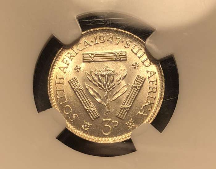 Beautiful 1947 SA Union silver 3 pence coin Graded MS63 by NGC