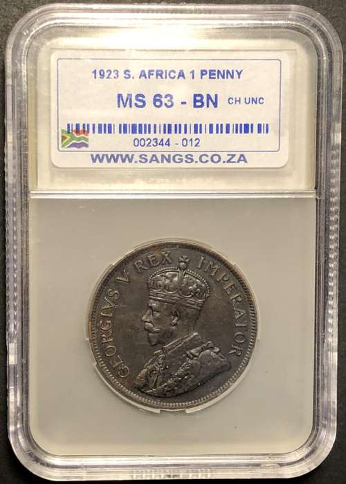 Scarce UNC 1923 SA Union 1 penny coin - SANGS Graded MS63BN