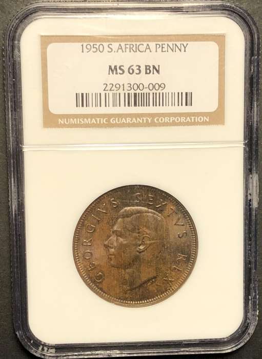 Nice 1950 SA Union 1 penny coin Graded MS63BN by NGC - Slight rainbow hue