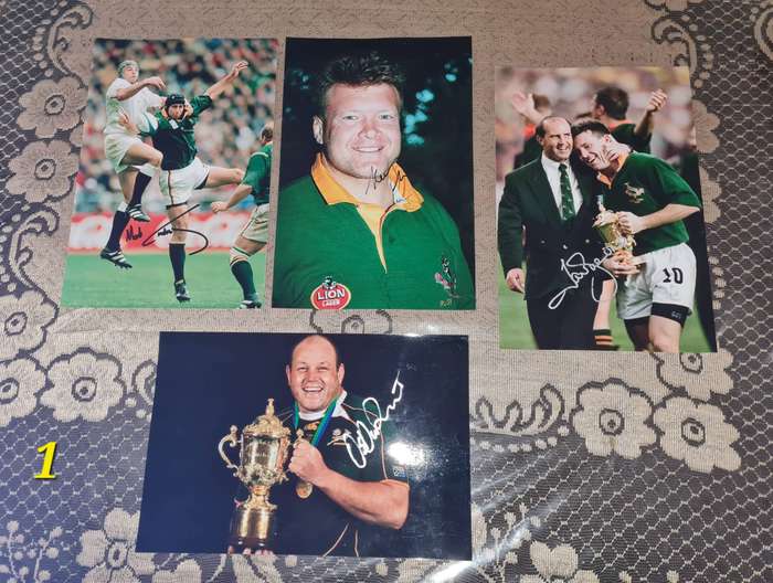 Signed photos from former Springbok 1995 World Cup winners: Stansky, Wiese, Os, and Andr.
