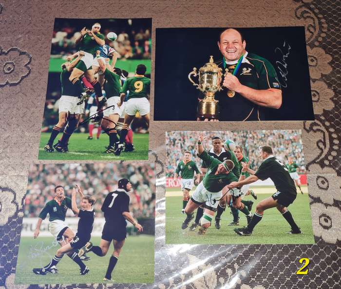 Signed photos from former Springbok 1995 World Cup winners: Stansky, Wiese, Os, and Andr.