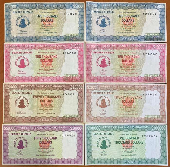 Zimbabwe 2003-2006 bearer cheque lot with signature variations