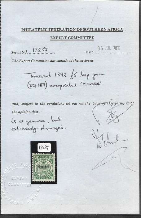 TRANSVAAL OVERPRINT "MONSTER" Genuine with Certificate(damaged)
