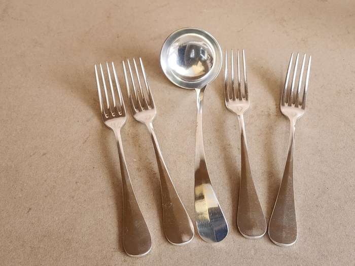 VINTAGE CHRISTOFLE FRANCE SILVER PLATED  LADDLE AND FOUR FORKS