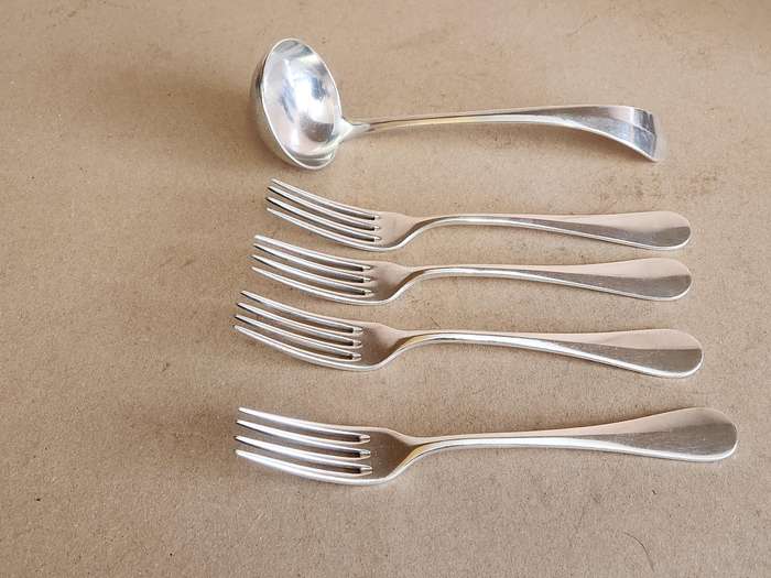VINTAGE CHRISTOFLE FRANCE SILVER PLATED  LADDLE AND FOUR FORKS