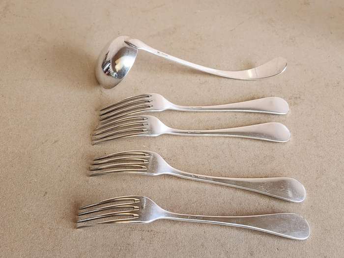 VINTAGE CHRISTOFLE FRANCE SILVER PLATED  LADDLE AND FOUR FORKS