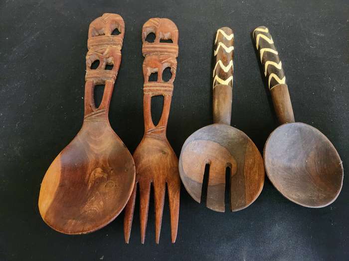Ethnic African Wooden Salad Servers - 2 sets