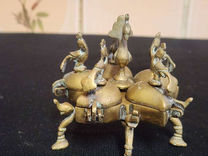 Antique Brass Hindu Peacock Kunkum Box