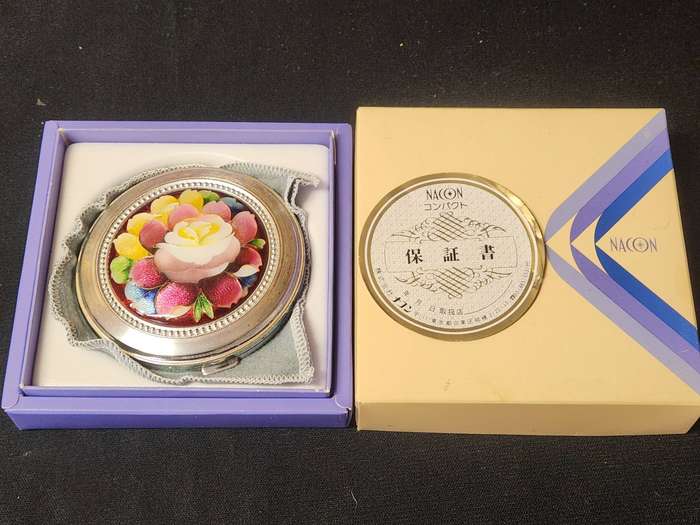 Vintage Nacon Silver Plate Enamel Floral Motif Powder Puff Compact