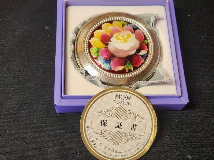 Vintage Nacon Silver Plate Enamel Floral Motif Powder Puff Compact
