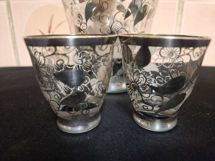 VINTAGE STERLING SILVER OVERLAY DECANTER AND TWO LIQUEUR GLASSES