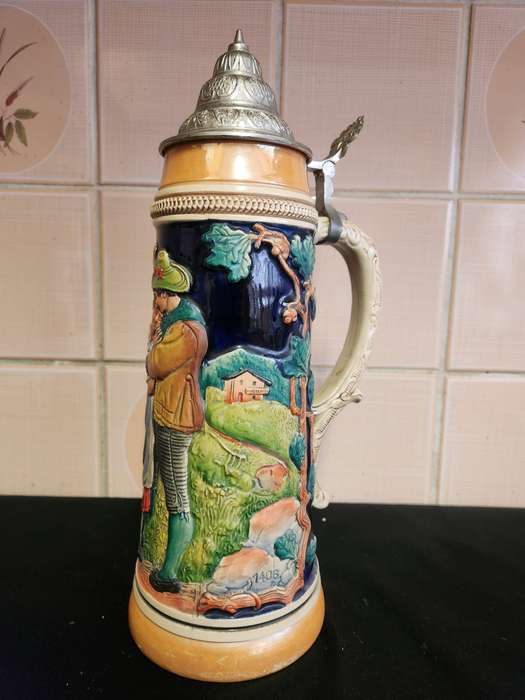 Large German Beerstein with Pewter Lid