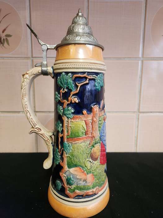 Large German Beerstein with Pewter Lid