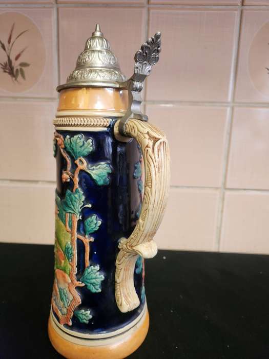 Large German Beerstein with Pewter Lid