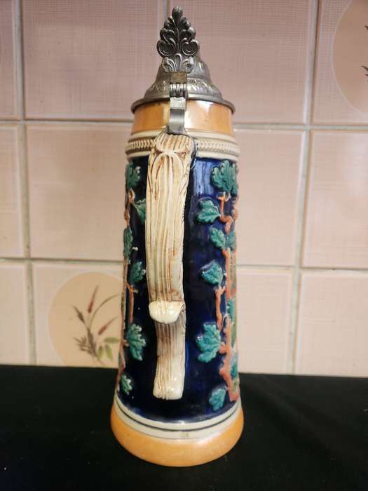 Large German Beerstein with Pewter Lid