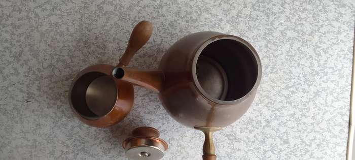 Copper Coffee Pot With Milk Jug With Wooden Handle - Made in Italy