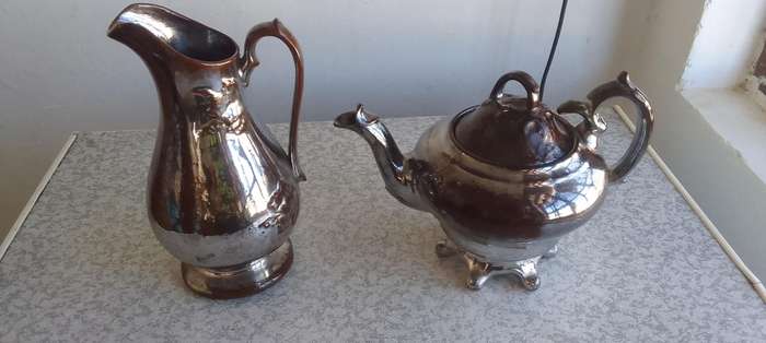 Vintage Silver Tone Water Jug Pitcher And Teapot - Possible Lustreware ??? Not sure.