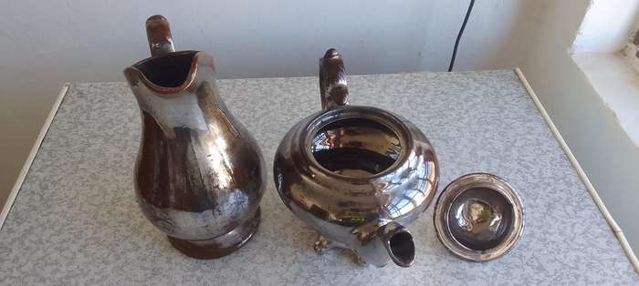 Vintage Silver Tone Water Jug Pitcher And Teapot - Possible Lustreware ??? Not sure.