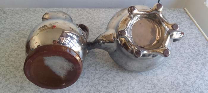 Vintage Silver Tone Water Jug Pitcher And Teapot - Possible Lustreware ??? Not sure.