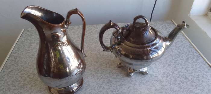 Vintage Silver Tone Water Jug Pitcher And Teapot - Possible Lustreware ??? Not sure.