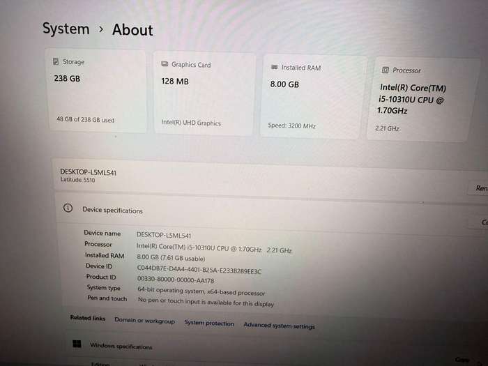 Dell Latitude 5510, 10th Gen Intel i5-10210U@1.6GHz, 8Gb Ram, 256GB Nvme Ssd 15.6`Lte new battery