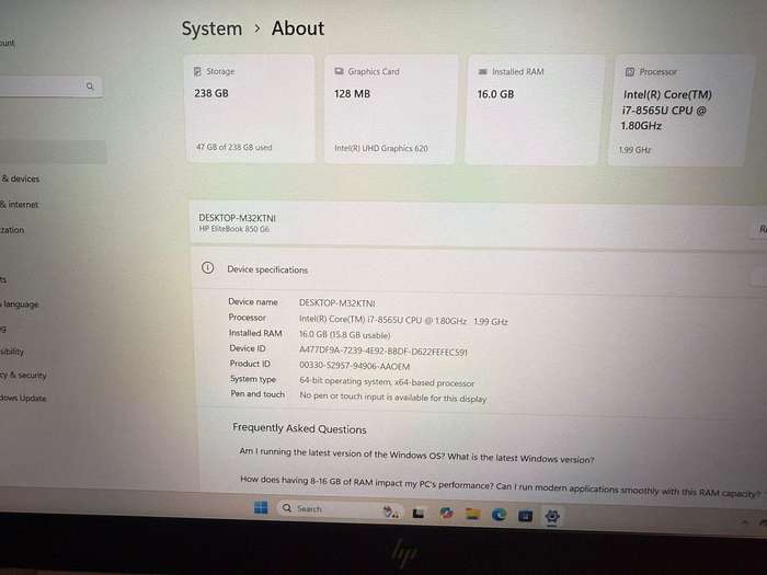 Hp Elitebook  850 G6 Core i7 8th gen 16gb ram 256gb ssd lte mint