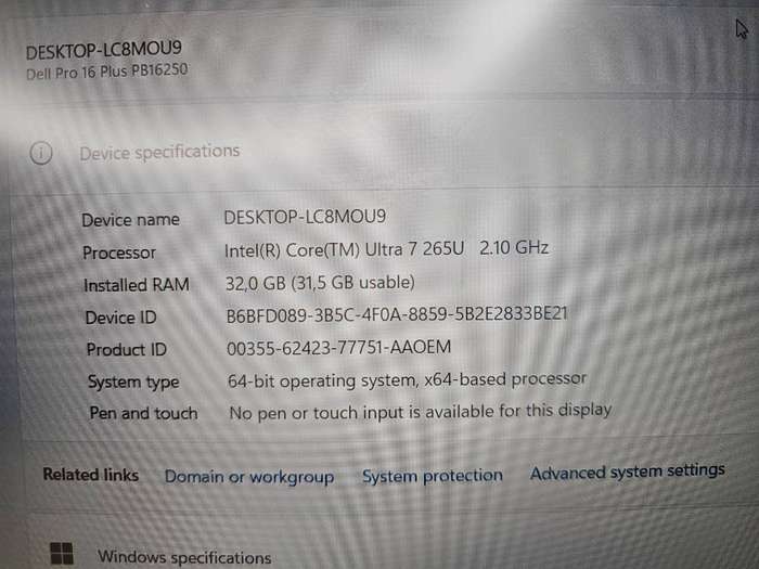 Dell Pro 16 Plus PB16250 Notebook PC  Core Ultra 7 265U 16 FHD+  32gb ram 512gb ssd 4G LTE