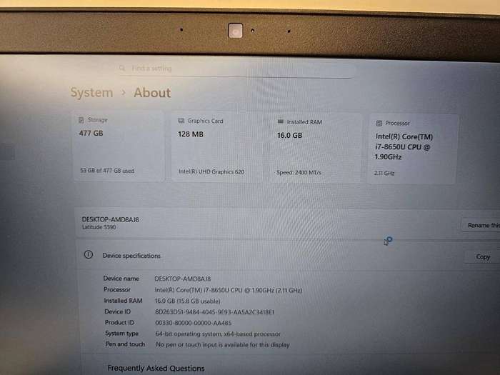 Dell Latitude 5590,8th Gen Intel i7-8650U@1.9GHz, 16gb ram 512gb  ssd  15.6` fhd  Display, LTE Mint