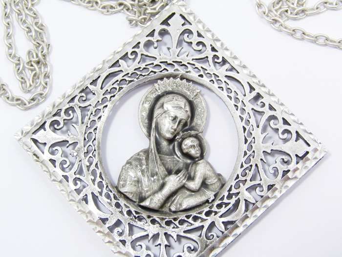 A Gorgeous Huge Madonna And Child Pendant With a Gorgeous Filigree Frame On Chain in Sterling Silver